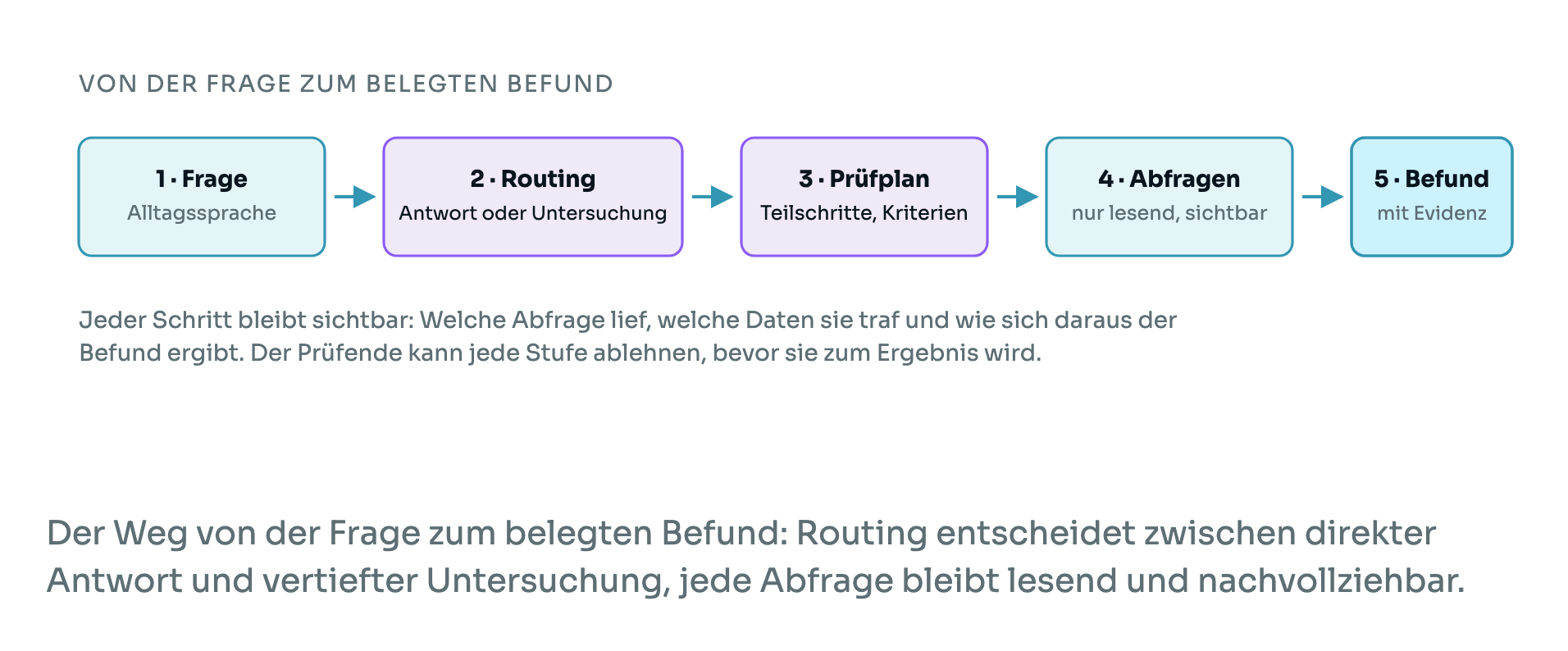 Fünf Schritte von der Frage zum belegten Befund: Frage, Routing, Prüfplan, Abfragen, Befund mit Evidenz.